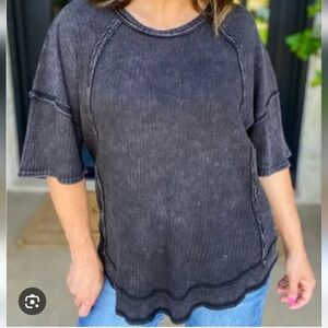 Very J Newim Black Mineral Acid Wash Distressed Ribbed Short Sleeve Top Boutique